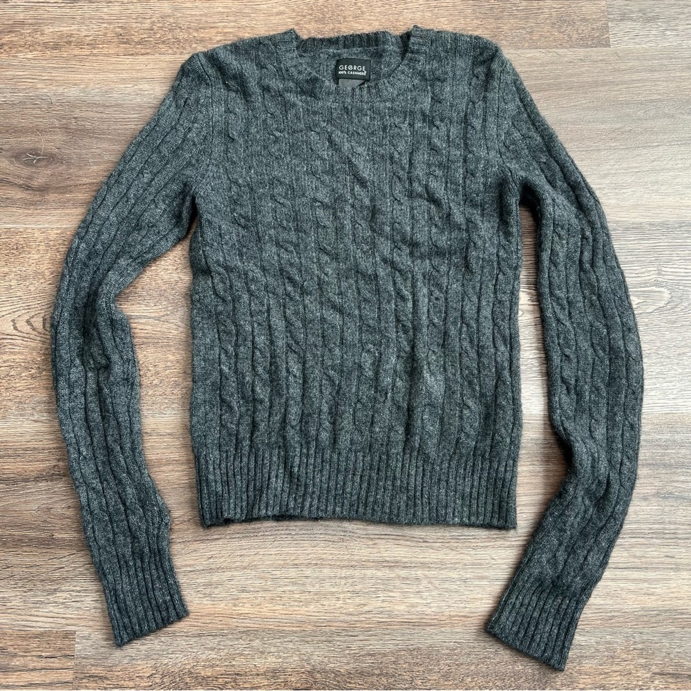 George Women’s 100% Cashmere Cable Knit Sweater Medium Heather Charcoal Grey